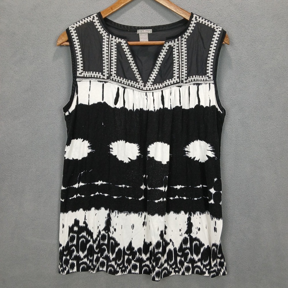C. Oliver Tank Top Womens Medium White Black Embroidered Tribal Print Split Neck